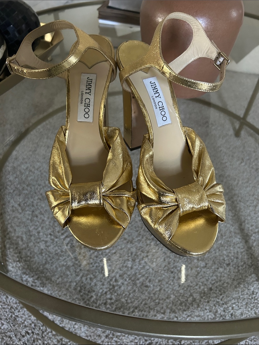 Jimmy Choo Metallic Gold Bow Block-Heel Sandals